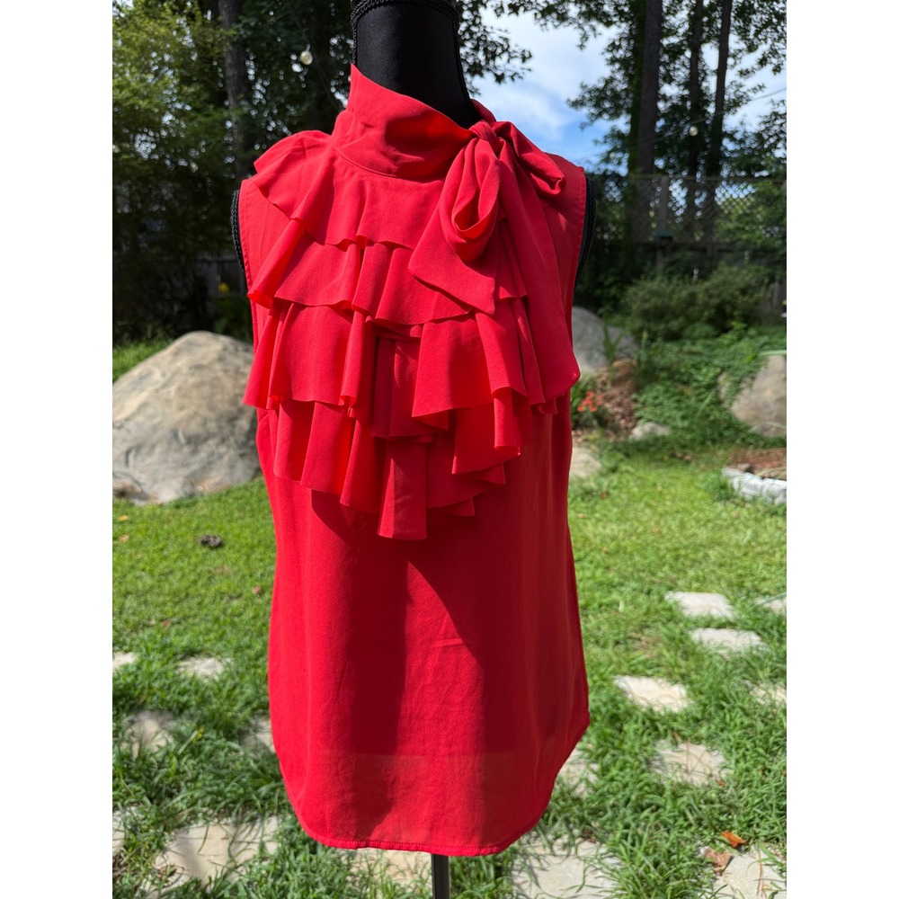 Banana Republic Womens Red Ruffle Front Tie Neck Sleeveless Blouse Size Small